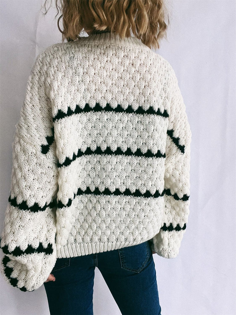 Contrast Stripes Round Neck Long Sleeve Sweater Trandify Deal