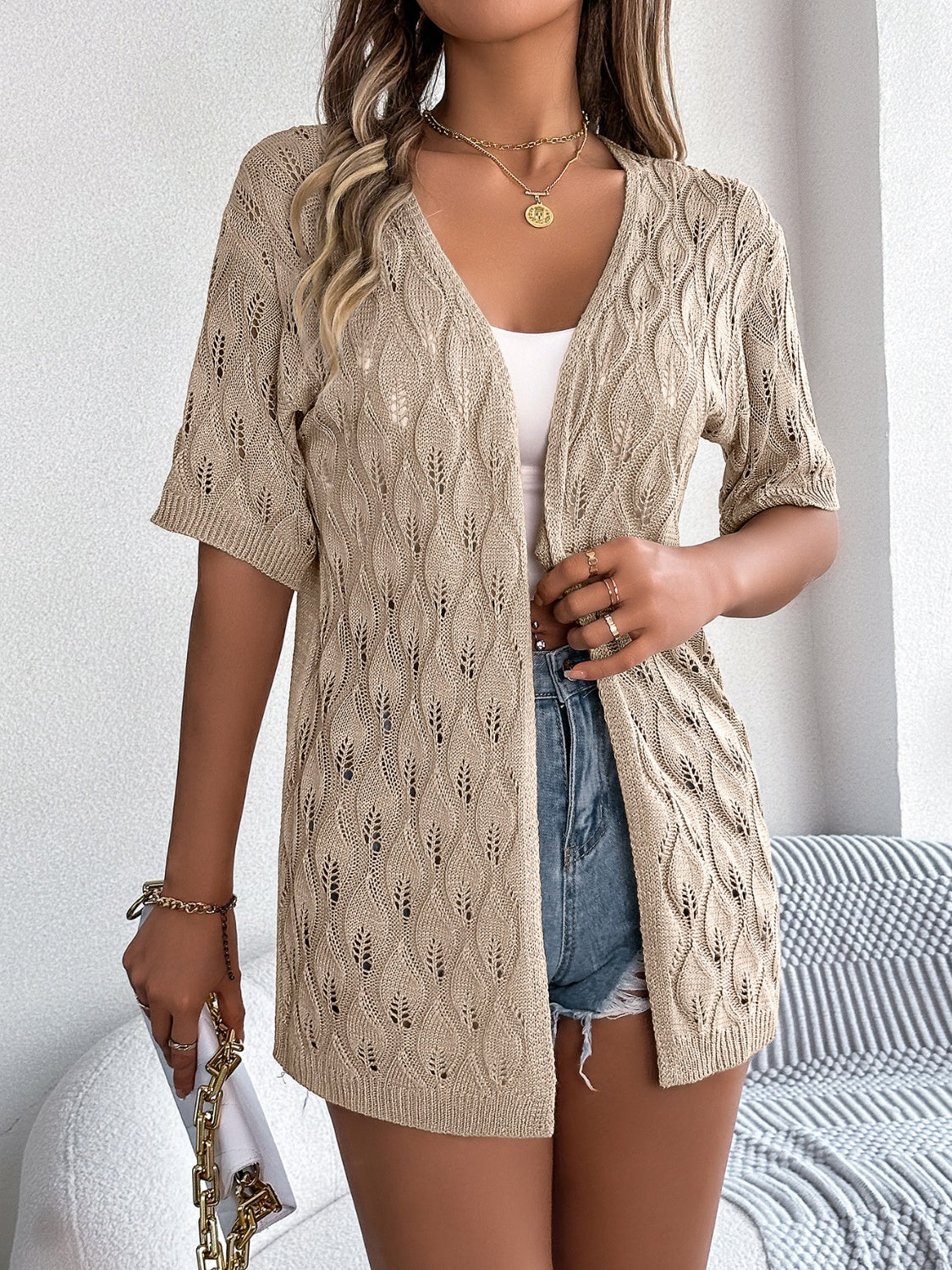 Openwork Open Front Short Sleeve Cardigan Trandify deal