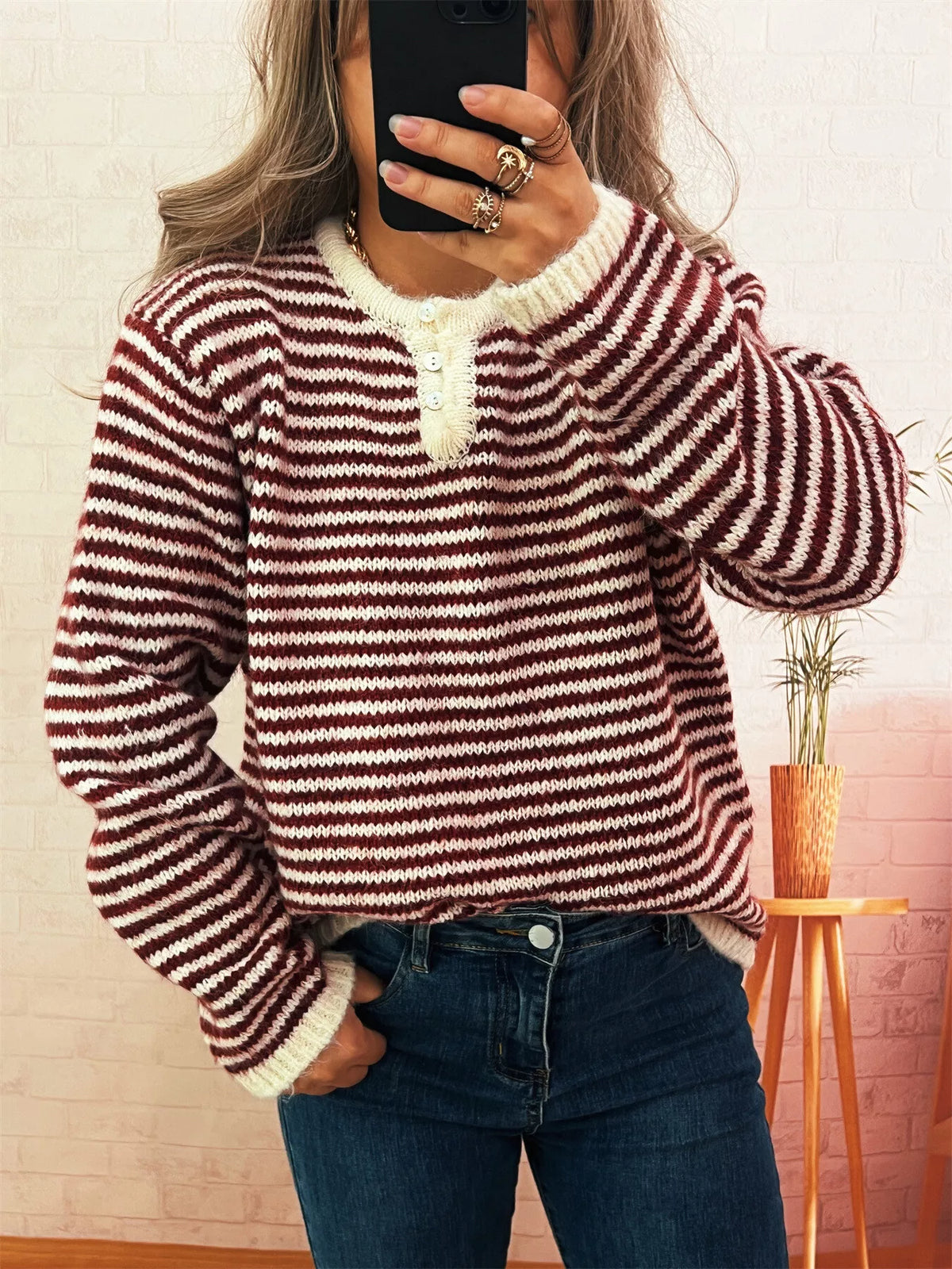 Women's Striped Button Sweater - Long Sleeve Knit Top