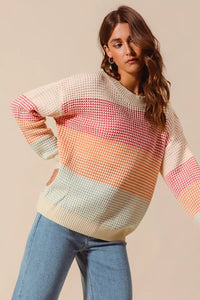 Color Block Waffle Knit Sweater - Women's Long Sleeve Top