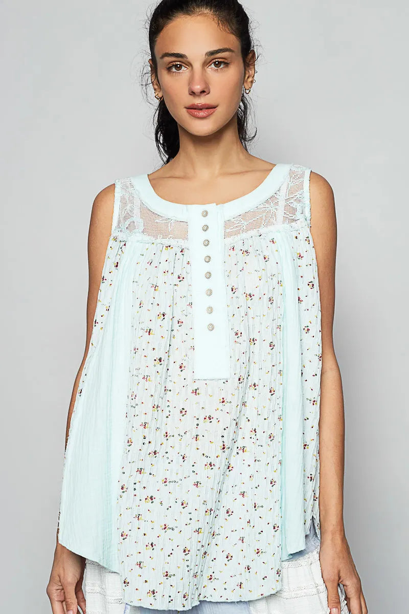 Boho Floral Print Lace Patchwork Women’s Tank Top – Summer Sleeveless Blouse