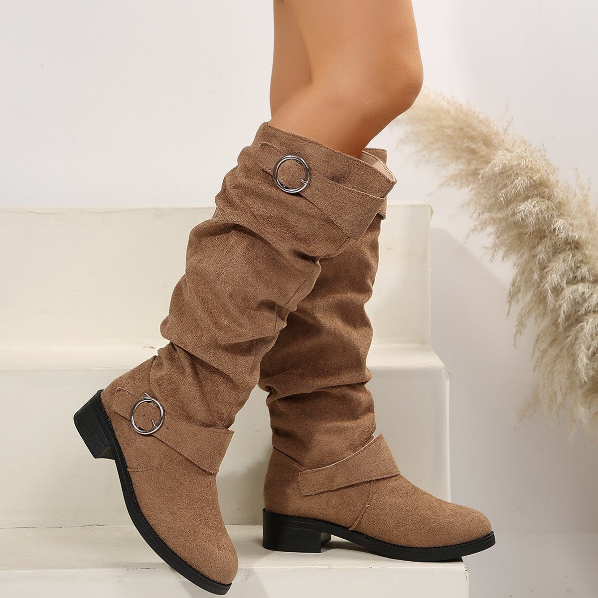 Buckle Round Toe Block Heel Boots Trandify Deal