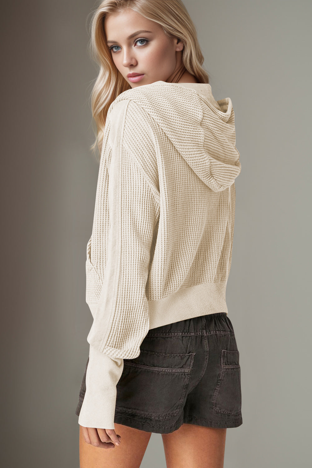 Double Take Waffle-Knit Zip Up Long Sleeve Hooded Jacket Trandify Deal