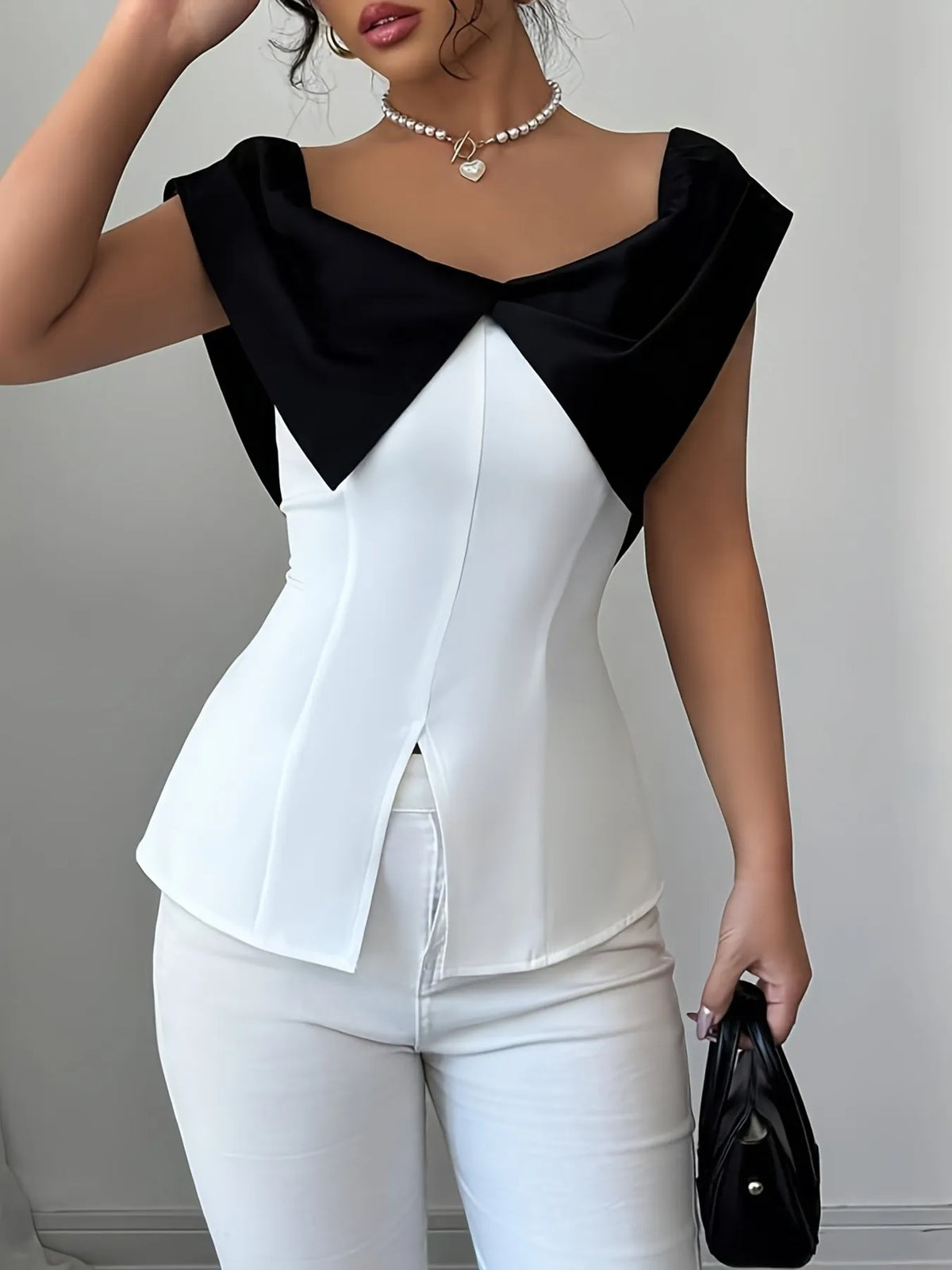 Women’s Slit Contrast Cap Sleeve Blouse – Trendy Fashion Top