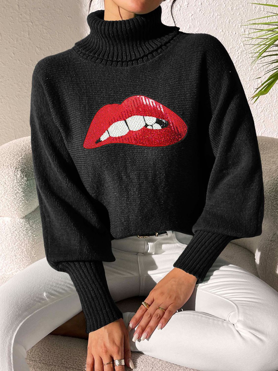 Lip Turtleneck Long Sleeve Sweater Trandify Deal