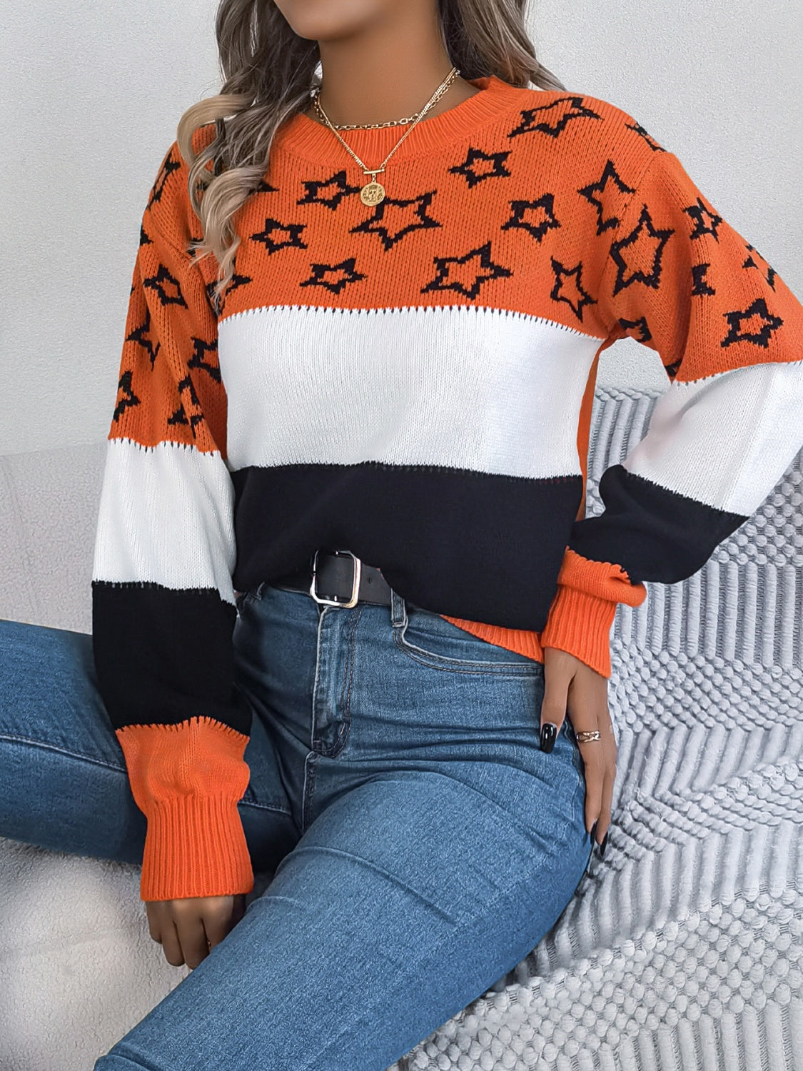 Star Contrast Round Neck Sweater Trandify Deal