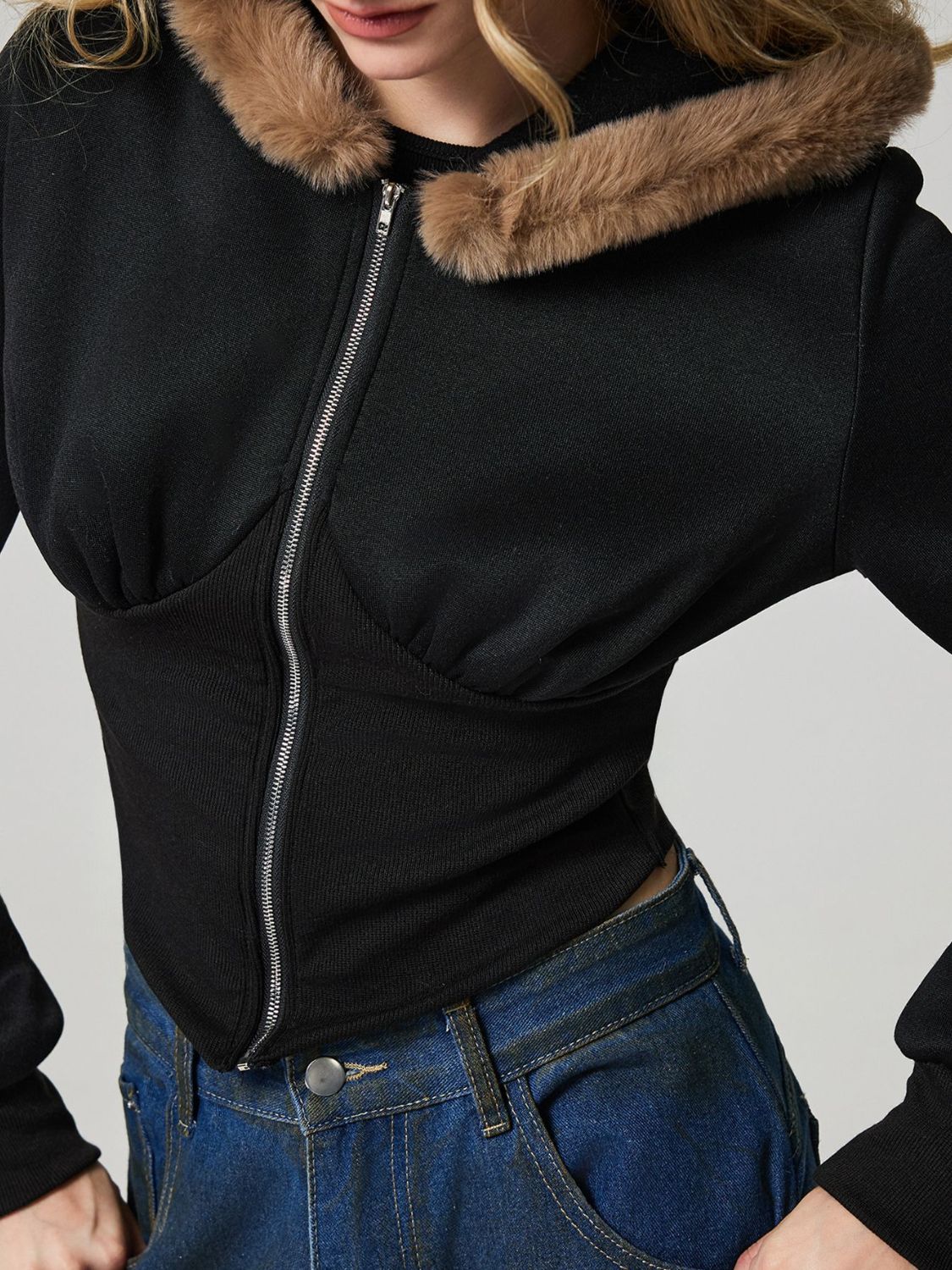 Zip Up Long Sleeve Fuzzy Hem Hooded Jacket Trandify Deal
