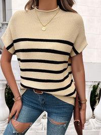 Devine Striped Mock Neck Short Sleeve Sweater Trandify deal