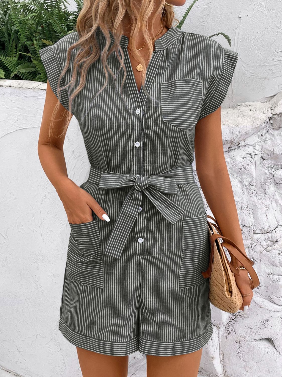 Striped Notched Tie Waist Romper Trandify deal