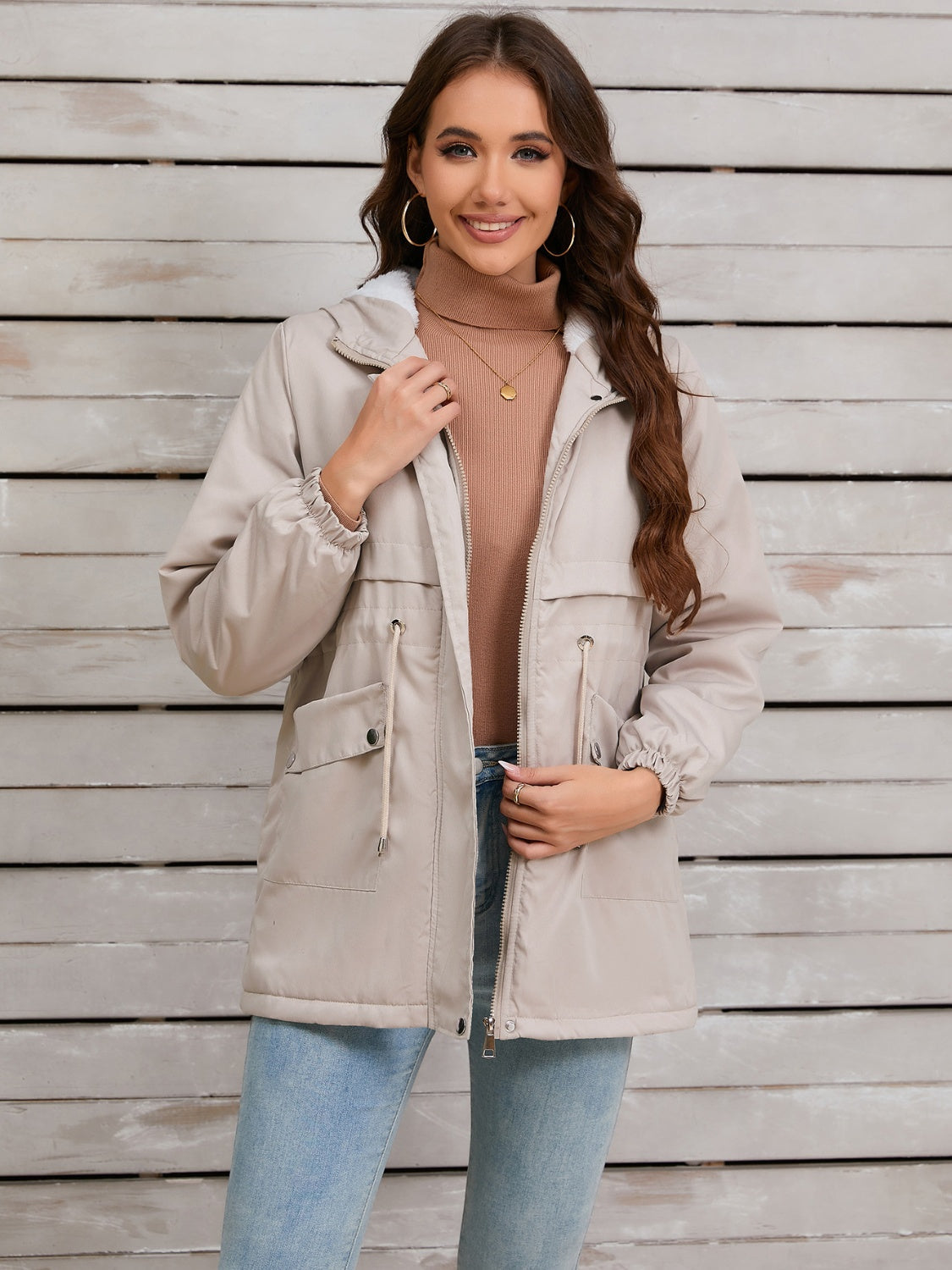 Drawstring Long Sleeve Hooded Jacket Trandify Deal