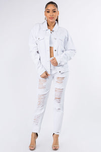 American Bazi Graphic Distressed Long Sleeve Denim Jacket Trandify Deal