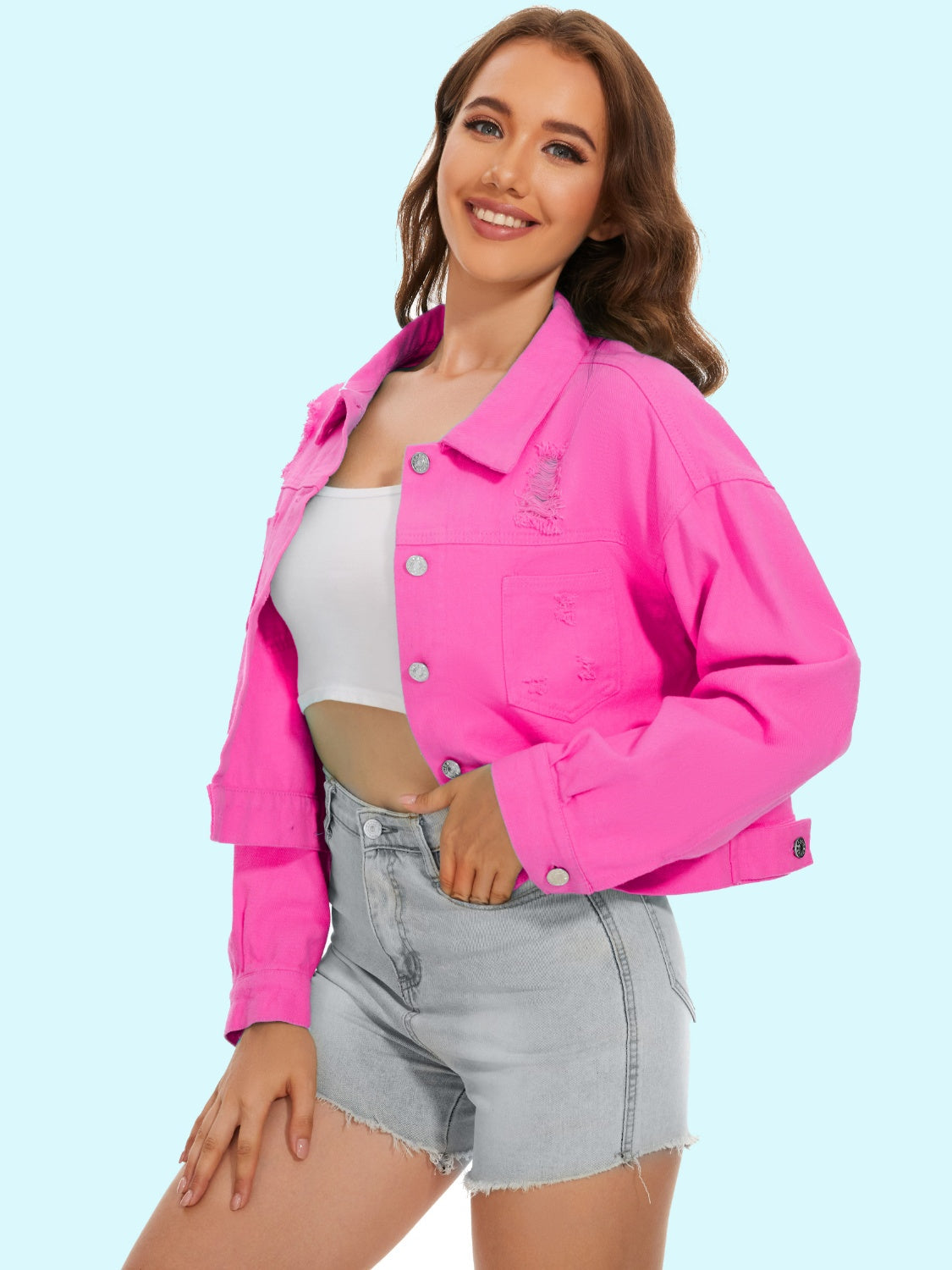 Distressed Distressed Button Up Denim Jacket Trandify deal