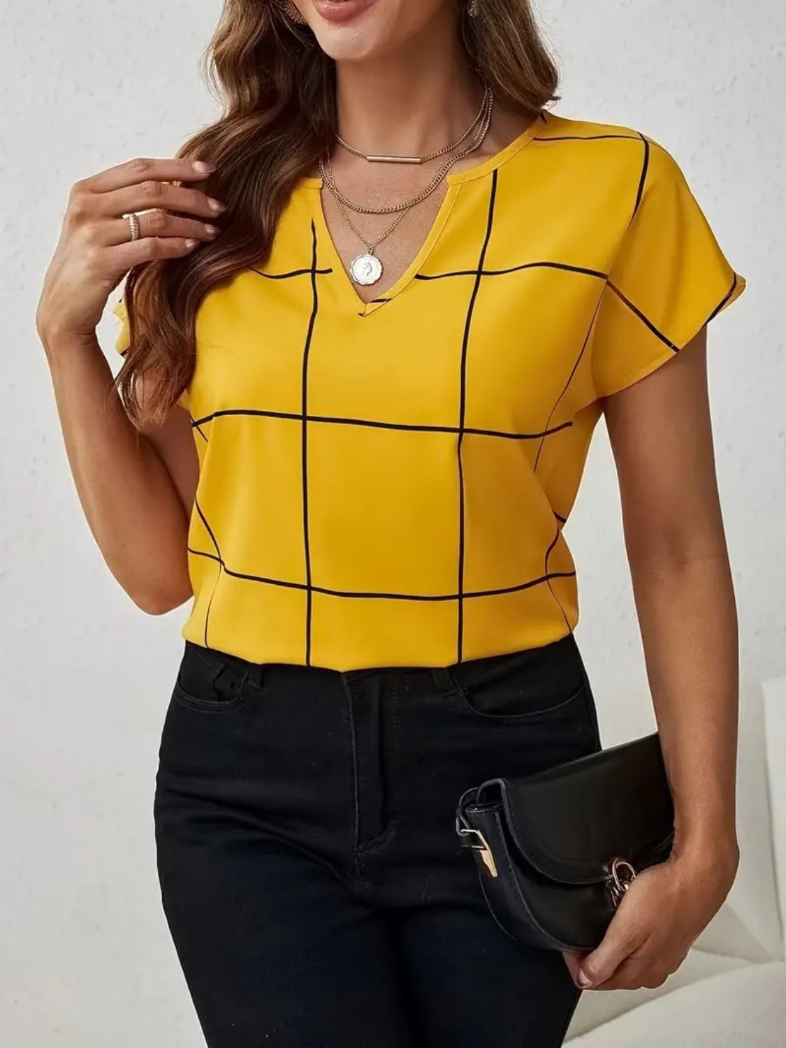 Women’s Plaid Contrast Notched Blouse – Trendy Fall Office & Casual Top