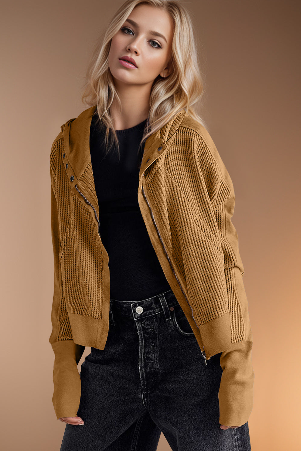 Double Take Waffle-Knit Zip Up Long Sleeve Hooded Jacket Trandify Deal