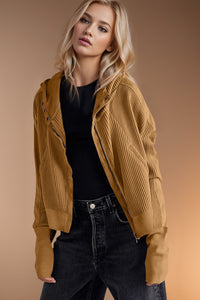 Double Take Waffle-Knit Zip Up Long Sleeve Hooded Jacket Trandify Deal