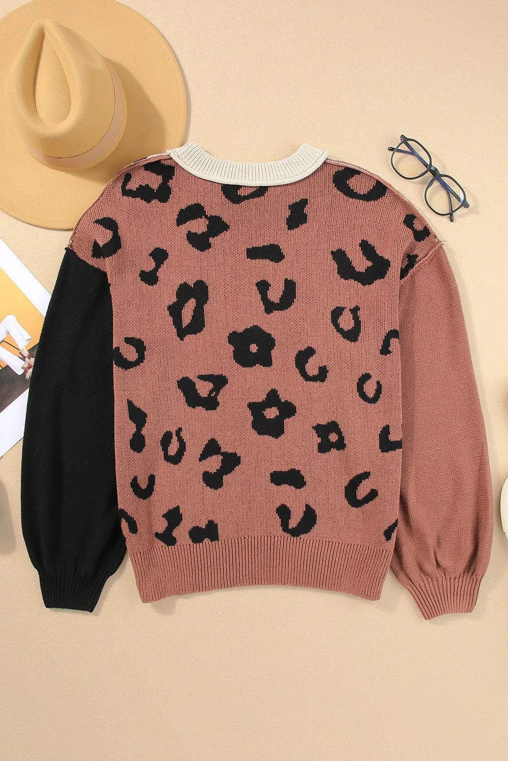 Leopard Round Neck Long Sleeve Sweater Trandify Deal