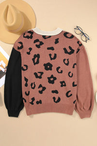 Leopard Round Neck Long Sleeve Sweater Trandify Deal