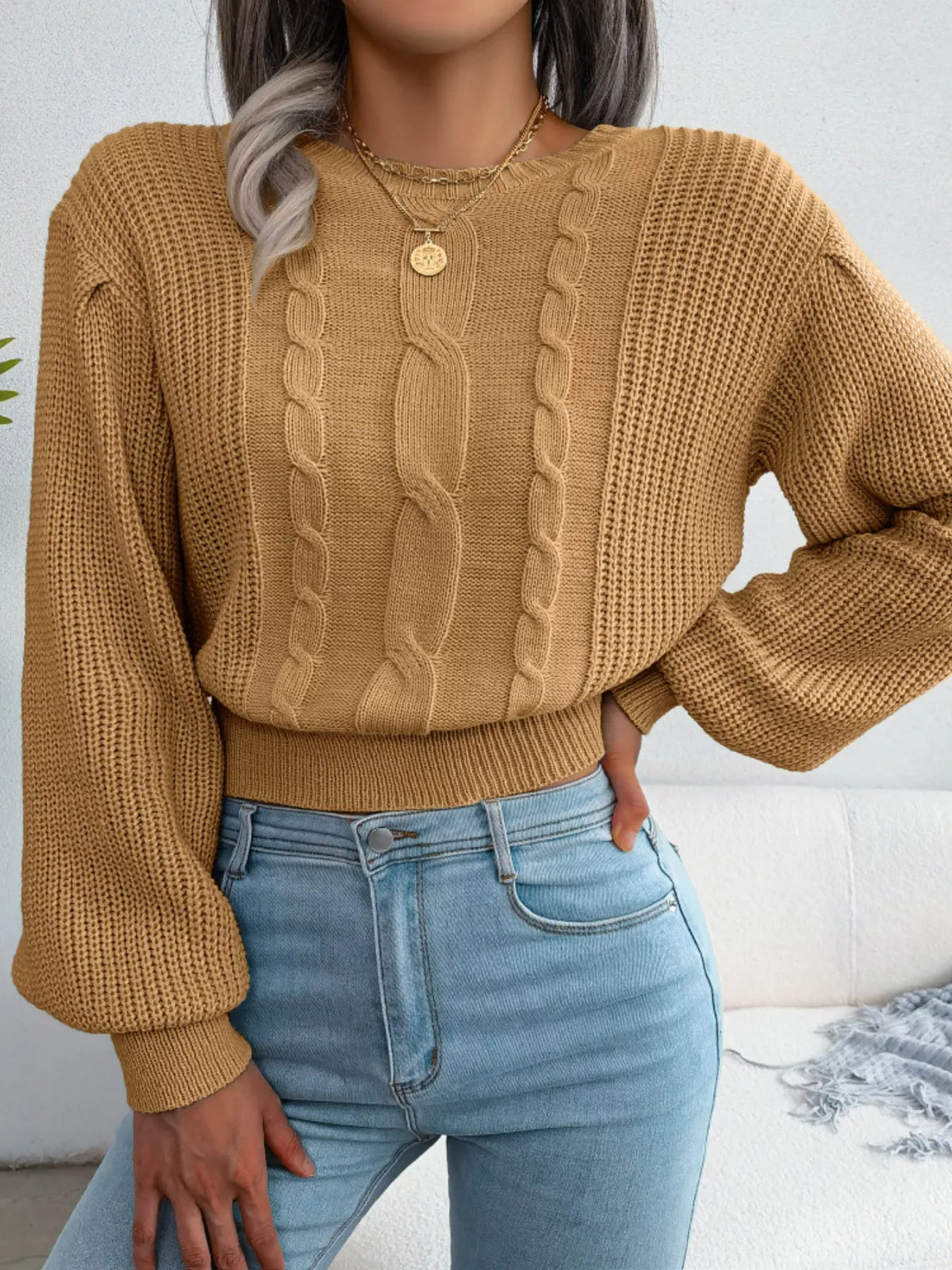 Women's Cropped Cable Knit Sweater | Crewneck Top