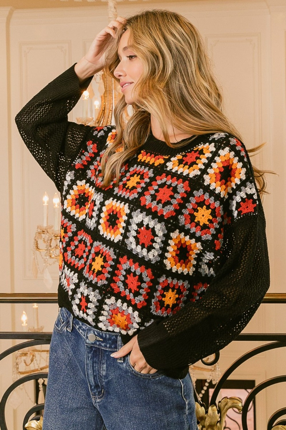 BiBi Granny Square Front Long Sleeve Top Trandify Deal