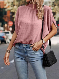 Swiss Dot Mock Neck Half Sleeve Blouse Trandify deal