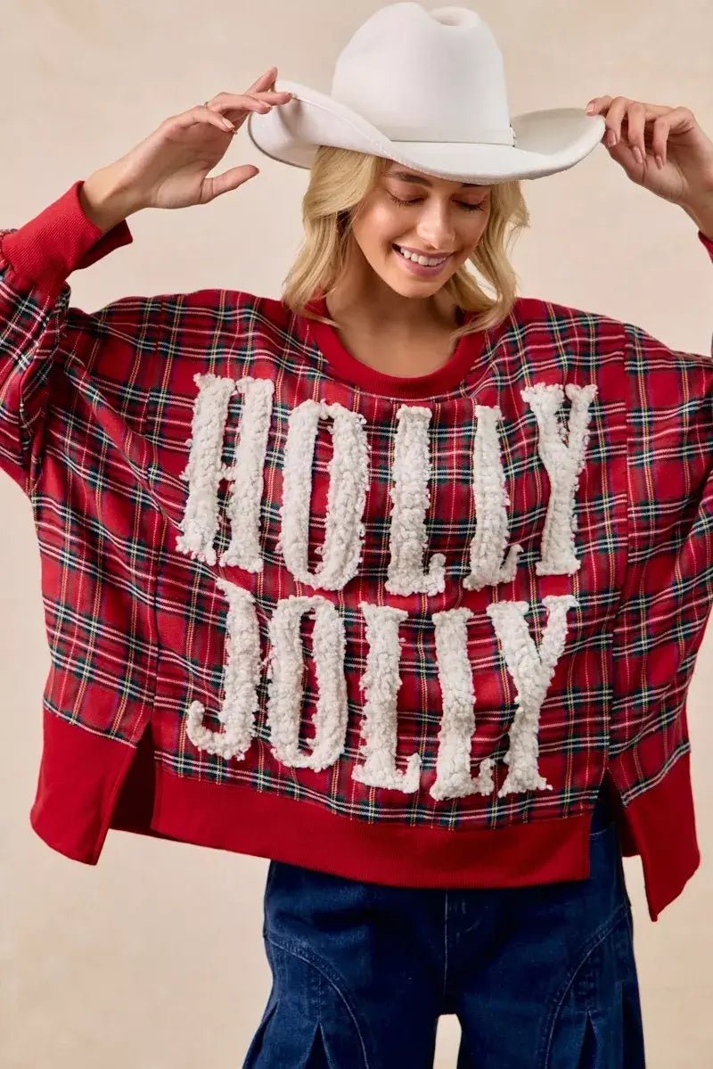 BiBi Women's Oversized Christmas Plaid Sweatshirt - Holly Jolly Holiday Party Top - Red Plaid Shirt