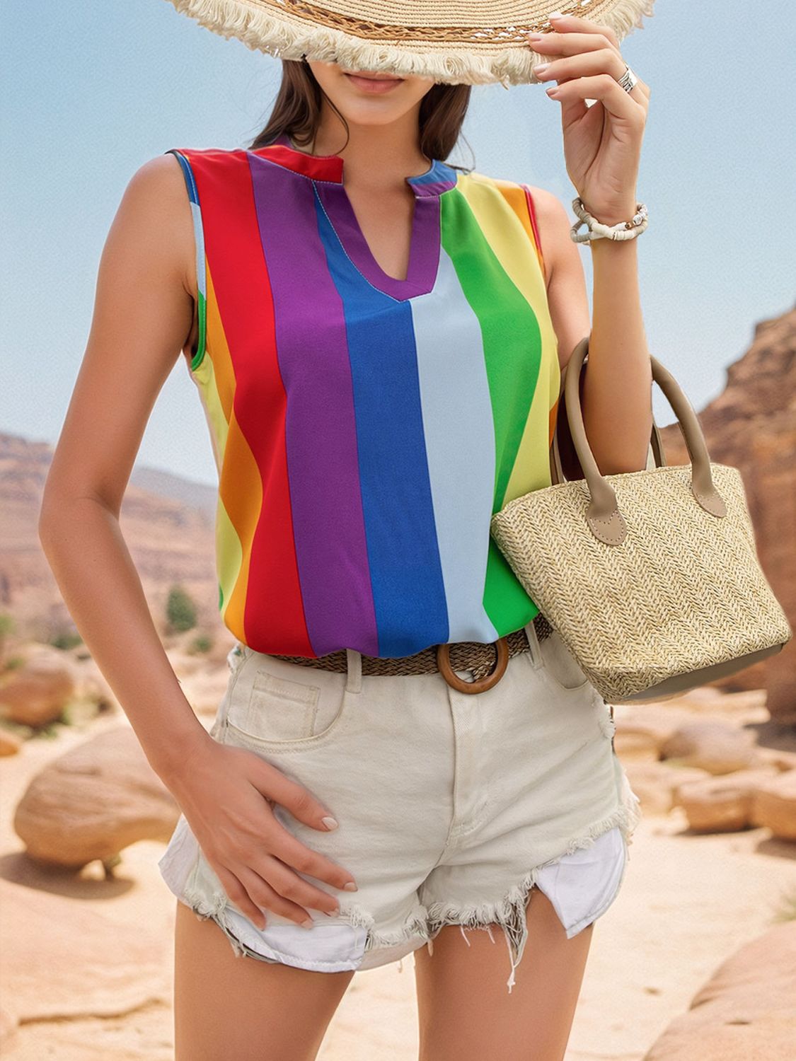 Perfee Color Block Notched Sleeveless Top Trandify deal