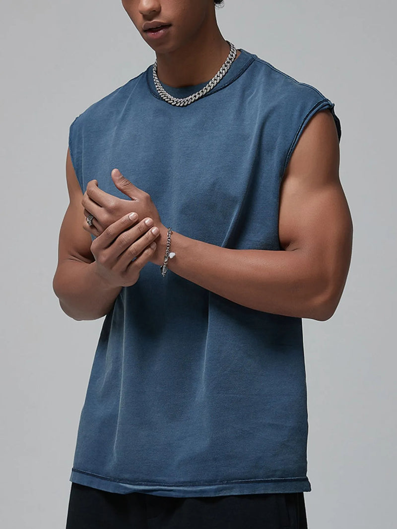 men’s slim fit round neck tank top cotton blend muscle tee blue