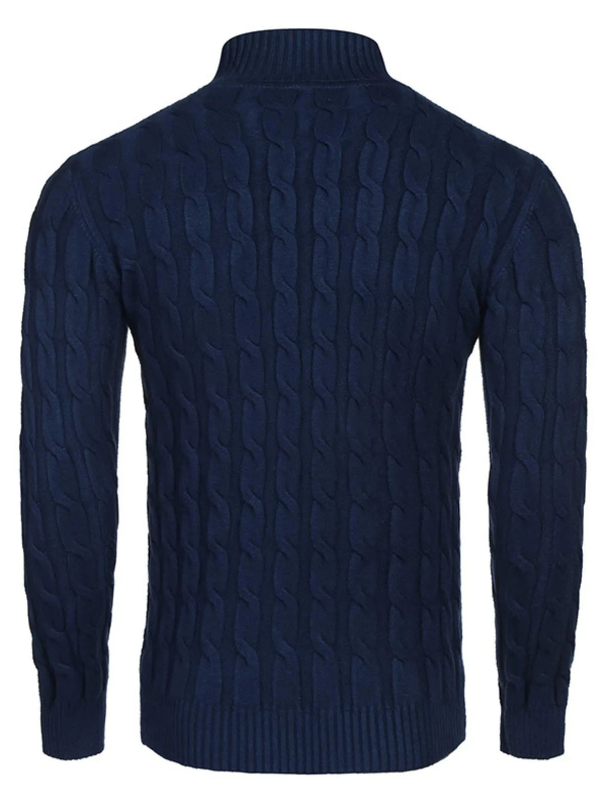 Men's Cable Knit Turtleneck Sweater worn by a model in Navy