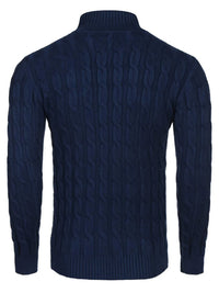 Men's Cable Knit Turtleneck Sweater worn by a model in Navy