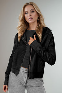 Double Take Waffle-Knit Zip Up Long Sleeve Hooded Jacket Trandify Deal