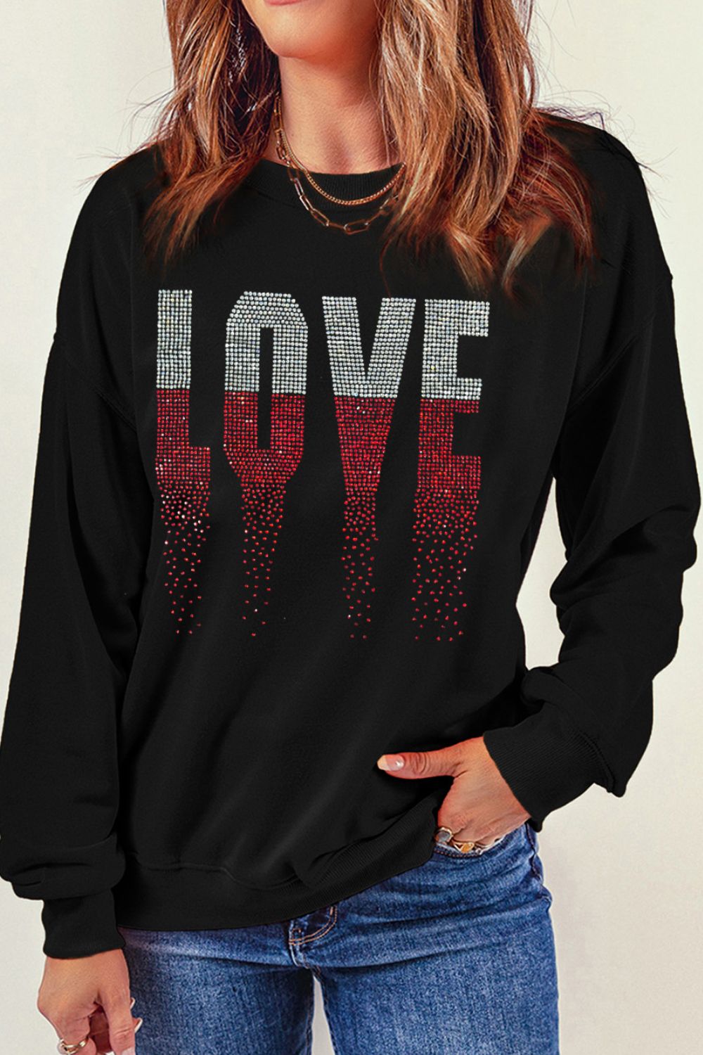 Rhinestone LOVE Round Neck Long Sleeve Sweatshirt Trandify Deal
