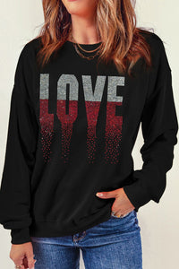 Rhinestone LOVE Round Neck Long Sleeve Sweatshirt Trandify Deal
