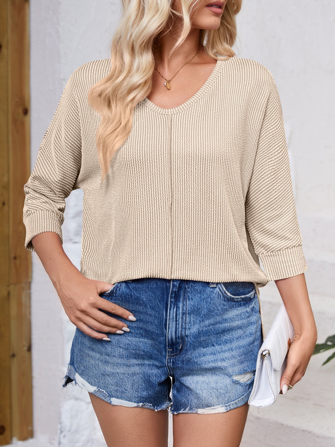 Lovelet Textured Round Neck Three-Quarter Sleeve Blouse Trandify deal
