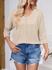 Lovelet Textured Round Neck Three-Quarter Sleeve Blouse Trandify deal