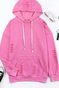 Distressed Drawstring Long Sleeve Hoodie Trandify deal