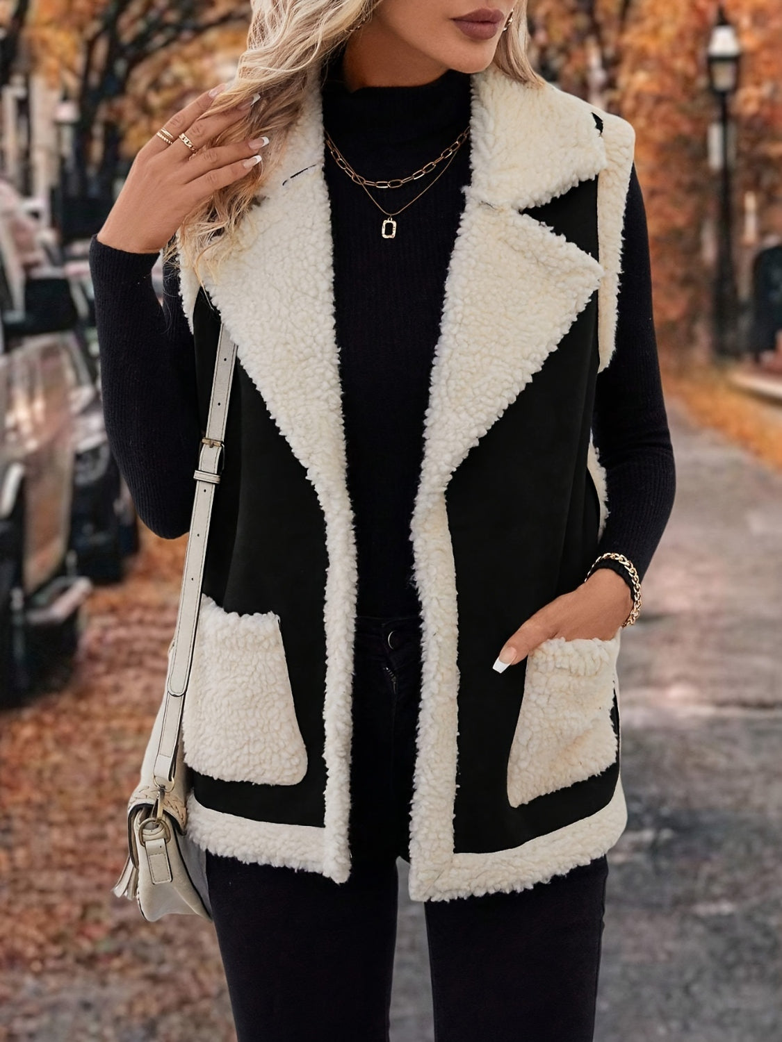 Full Size Contrast Open Front Sherpa Vest Coat Trandify deal