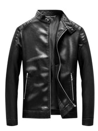 Men's Plus Size Black PU Leather Jacket, open front zipper showing casual style