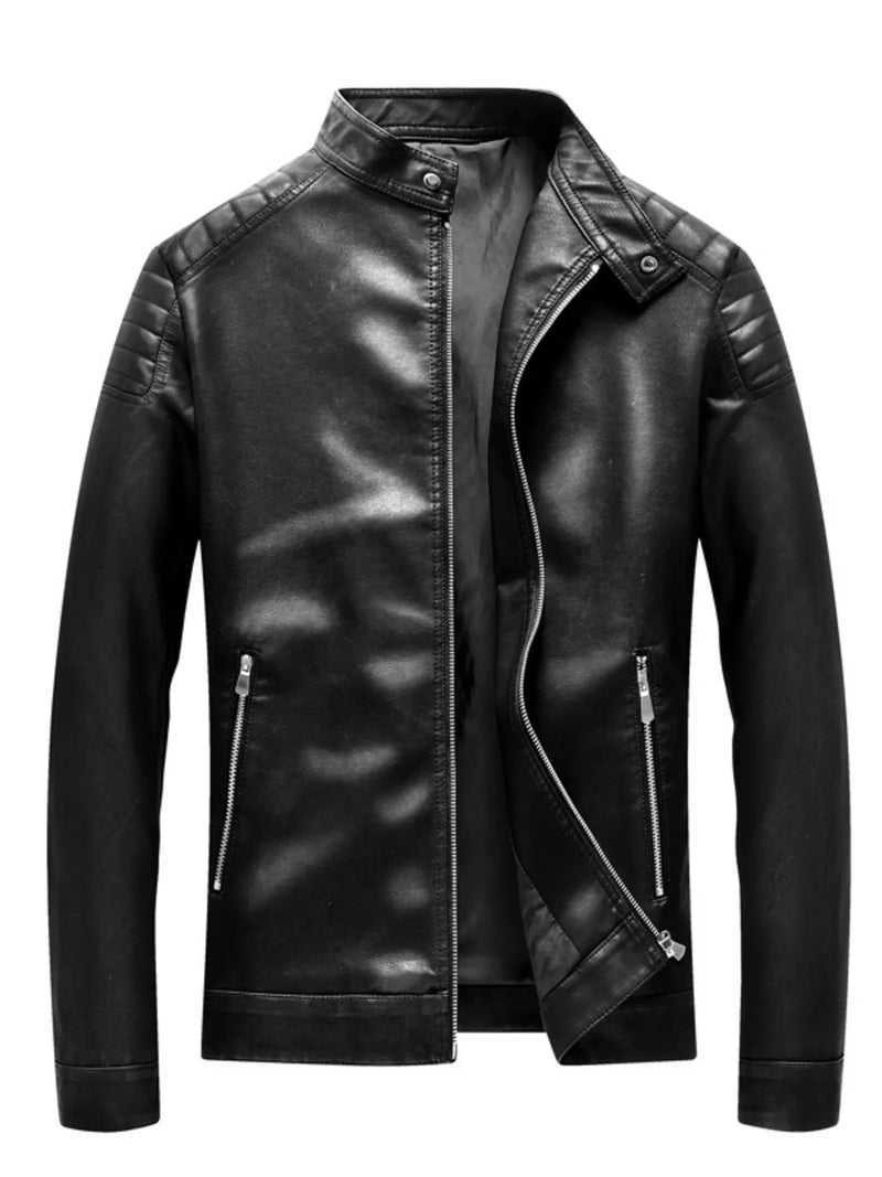 Men's Plus Size Black PU Leather Jacket, open front zipper showing casual style