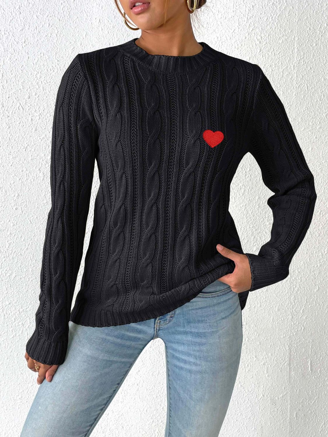 Cable-Knit Heart Round Neck Long Sleeve Sweater Trandify Deal
