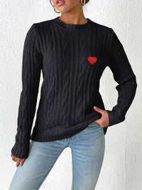 Cable-Knit Heart Round Neck Long Sleeve Sweater Trandify Deal