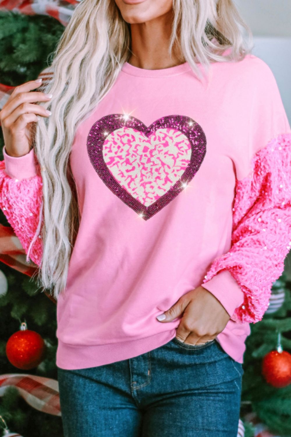 Valentine’s Day Sequin Heart Long Sleeve Sweatshirt Trandify deal