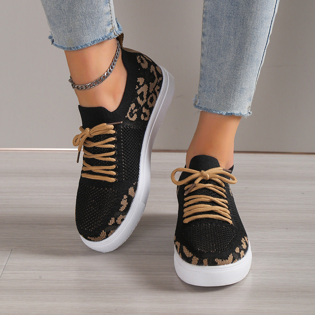 Lace-Up Leopard Flat Sneakers Trandify Deal