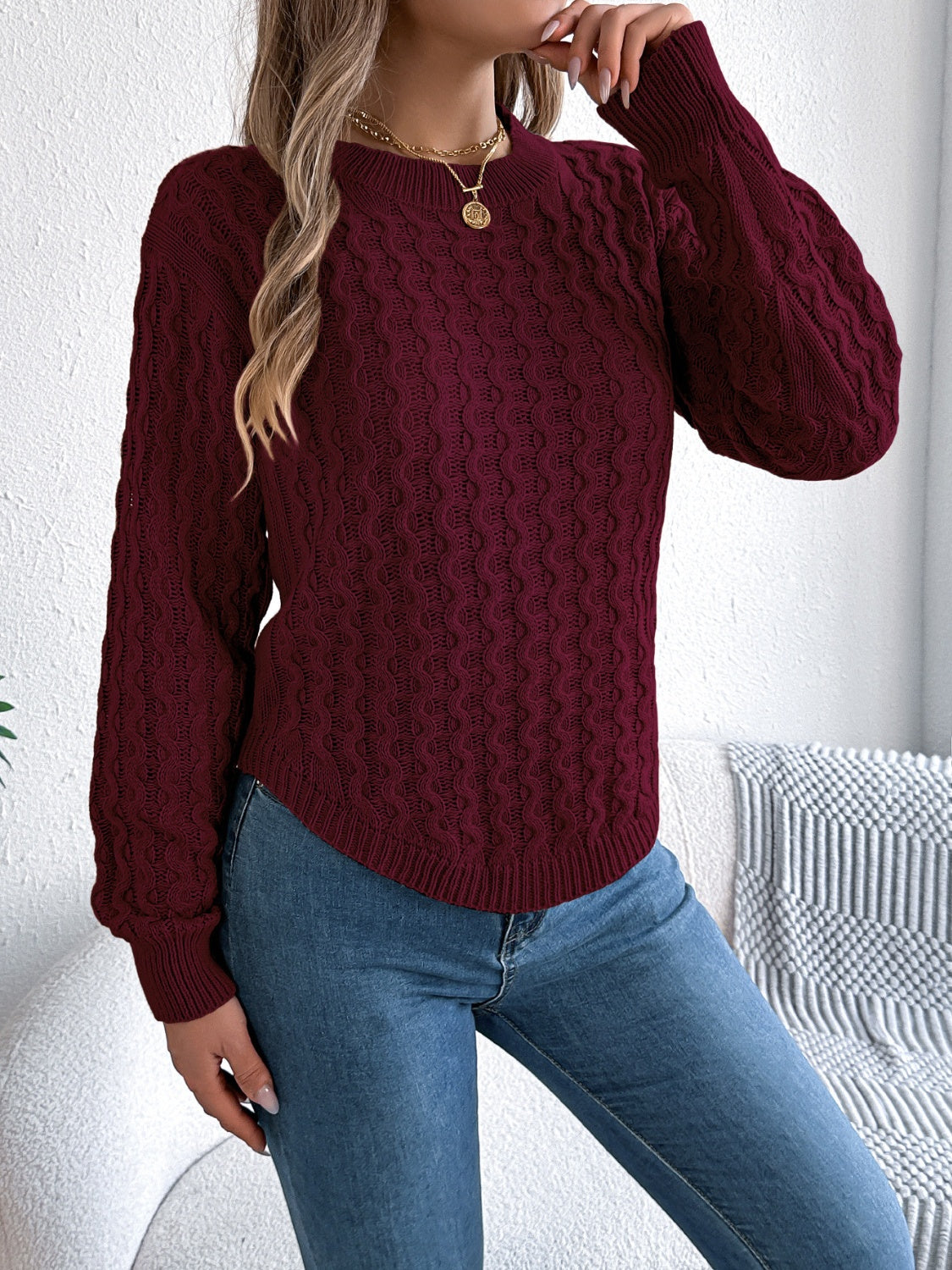 Asymmetric Hem Round Neck Long Sleeve Sweater Trandify Deal
