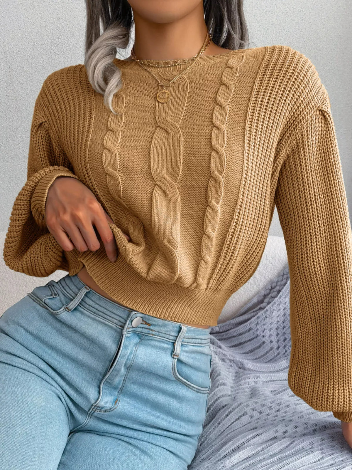 Women's Cropped Cable Knit Sweater | Crewneck Top