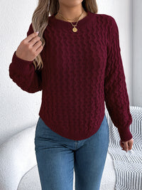 Asymmetric Hem Round Neck Long Sleeve Sweater Trandify Deal