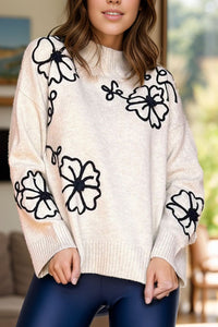 Flower Mock Neck Long Sleeve Sweater Trandify Deal