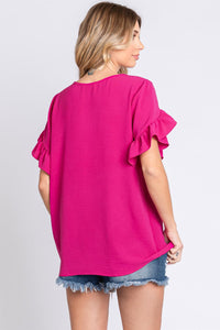 GeeGee V-Neck Ruffle Trim Short Sleeve Blouse Trandify deal
