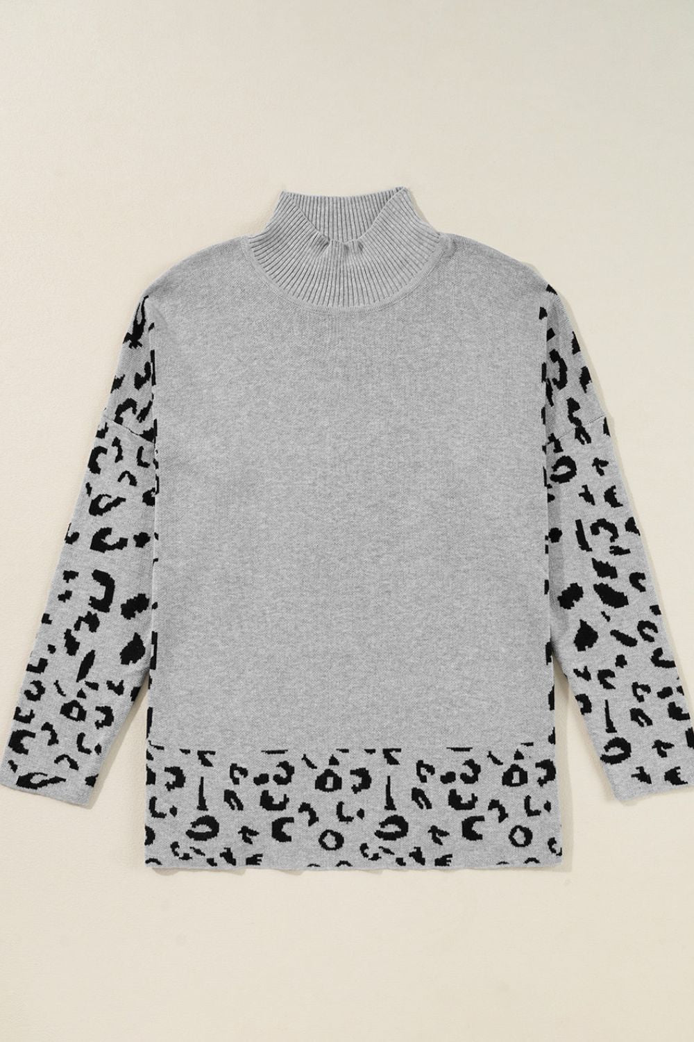 Slit Leopard Mock Neck Dropped Shoulder Sweater Trandify Deal