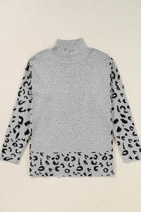 Slit Leopard Mock Neck Dropped Shoulder Sweater Trandify Deal