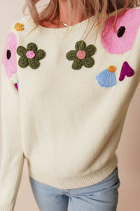 Crochet Flower Round Neck Dropped Shoulder Sweater Trandify Deal